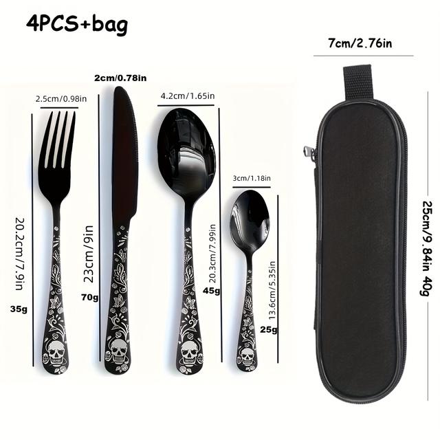 TEMU Juego de 4/5 Piezas de Cubiertos Góticos en y Bolsa, Cucharas, Tenedores y Cuchillos, Cubiertos con Diseños de Calaveras y Rosas, , Ideal para Amantes del Estilo y Rock/Halloween//5 de Mayo/