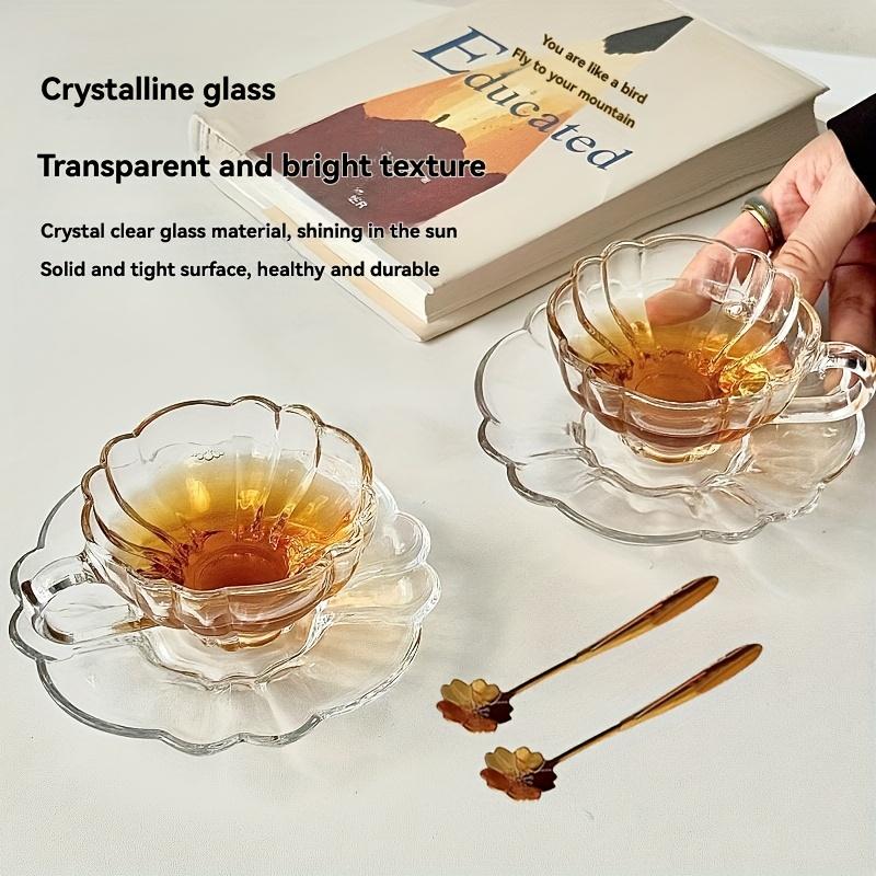 TEMU Vintage Style Petal Shape Crystal Glass Plate Set Coffee Cup Glass Plate Set Small Tea Cup Dessert Cup Dim Sum Plate