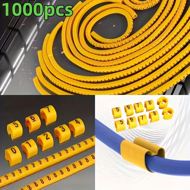 TEMU 1000 sztuk żółtych etykiet identyfikacyjnych do kabli z PVC, w tym cyfrowe 0-9 z serii EC-1, odpowiednie do oznaczania kabli z gwintami o średnicach od 3.0 Sq.Mm do 5.2 Sq.Mm, tuleje kablowe