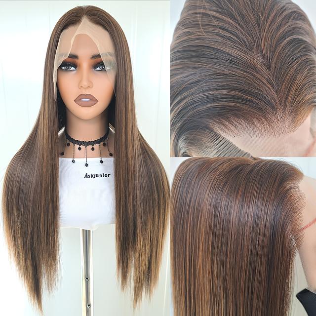 TEMU Elegant 13x4 Lace Front Wig For Women, Natural Straight Synthetic Hair, High-quality Heat Resistant Fiber, Pre-plucked, No Glue Needed, Rongduoyi