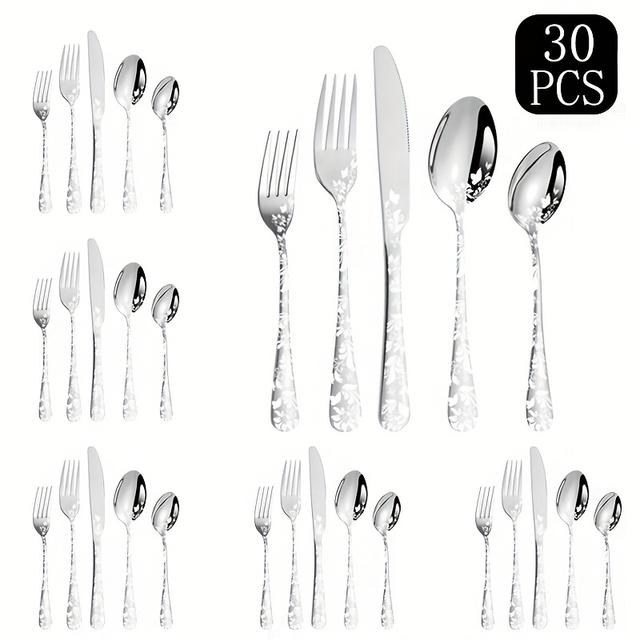 TEMU 30-teiliges Edelstahl Besteckset - Inklusive langlebiger und spülmaschinenfester Messer, Gabeln und Löffel mit Spiegelglanz, entwickelt für den Einsatz zu Hause, im Restaurant und im Hotel.