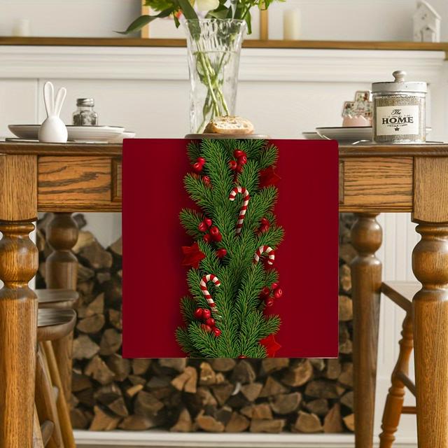 TEMU Weihnachtlicher Tischläufer 33x178cm - Festliche Blumen Leinentischdeko, Vliesquadrattischdecke mit Stechpalme-Beeren-Druck, 100% Leinen Festlicher Esszimmerakzent