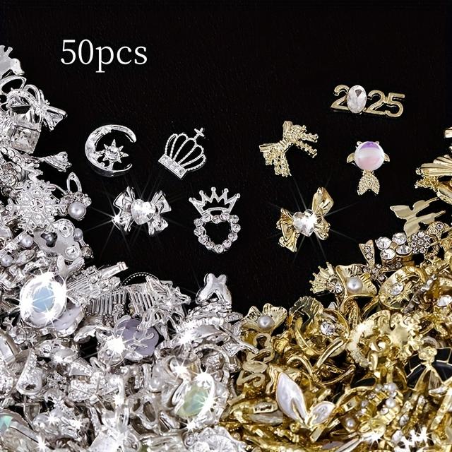 TEMU ชุดจี้โลหะผสมหรูหราแบบผสม 50 ชิ้น: ประดับด้วยพลอยเทียม, มุก และจี้สีทอง/ดำ สำหรับทำเล็บแฟชั่น