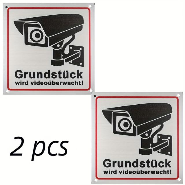 TEMU Deutsches Metall Warnschild für Videoüberwachung, 2er-Set, 15 x 15 cm, Warnschild für Außen- Innenbereich, Videoüberwachung Privatgrundstück Schild, Metallschild für Kameraüberwachung
