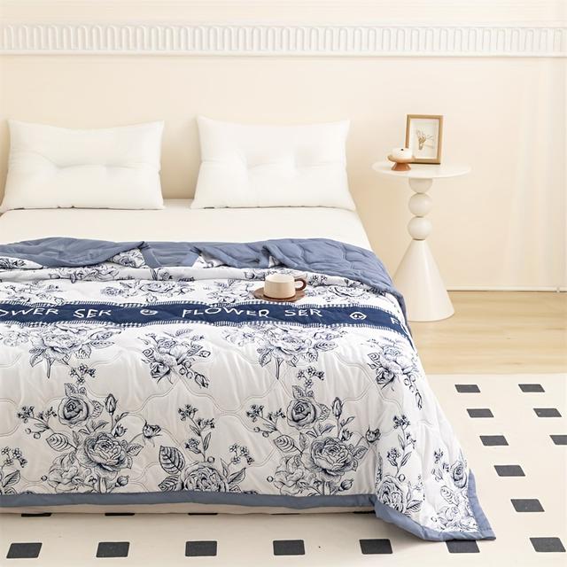 TEMU 1pc Summer Cool Blanket, Light Beige-friendly 100% Polyester, With Printed Pattern, Machine Washable Air-conditioned Comforter Suitable For Bedroom, , , Bedding, Soft Polyester, Perfect Gift