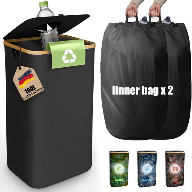 TEMU Bambus Rand Abfallbehälter, wäschekorb,Sortier-Erntebüchse, Mülleimer, 2 Innentaschen, Faltbar, Mehrfarbige Innentaschen, Geeignet für Zuhause, Wohnzimmer, Außenbereich, Badezimmer