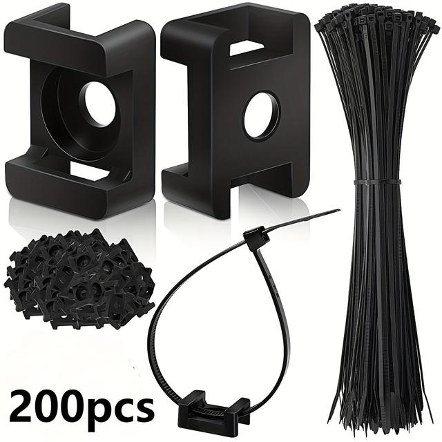 TEMU A Kit Of 200 Cable Zip Tie Mounts, Including Wire Clips And 6-inch Cable Ties, Designed For Organizing Cables On Baseboards, Walls, Desks, And For Use In Car Wiring Or Garden String Lights