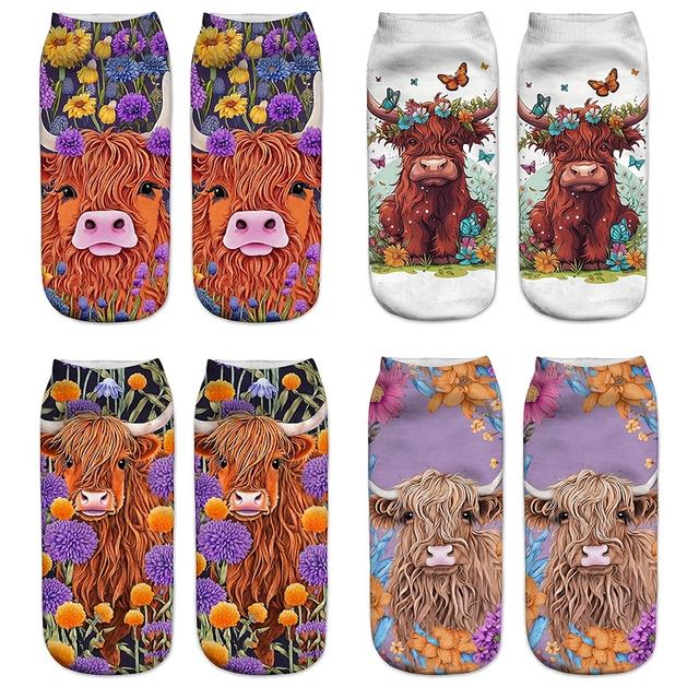 TEMU 4-pair Highland Cow Pattern Women's Ankle Socks, Socks