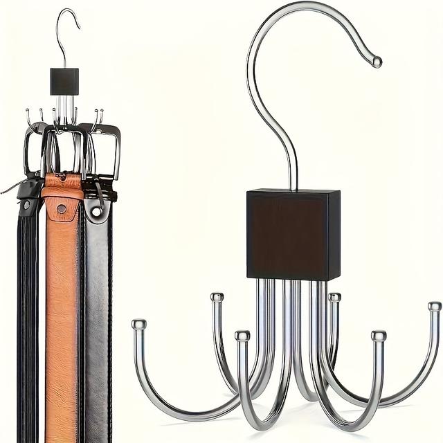 TEMU Multi-functional Large Capacity Belt Hanger - Rotating Wooden Rack, Suitable For Belts, Bras, Vests, Ties, And Scarves - Stainless Steel Hooks - Fashionable Wardrobe Organizer