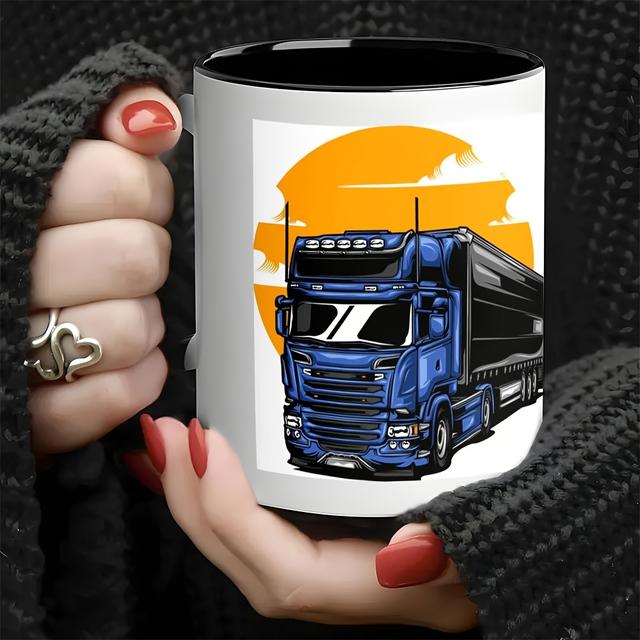 TEMU 1pc 11oz Ceramic Mug With Truck Design - Ideal Gift For Women, Moms, , Bridesmaids - White With Black Handle, Coffee Or , Coffee Bar Accessories