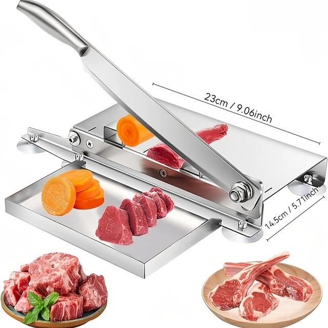 TEMU Stainless Steel Manual Meat Cutter, Bone Slicer, With Food Tray, Non-slip Base, Can Easily Cut Beef, Ribs, Chicken, Fish And Vegetables - Ideal For Home Kitchens And Delicatessens,