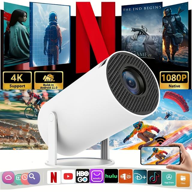 TEMU Mini Proyector Inteligente con Operativo 11, Decodificación Nativa 1080P y 4K, WiFi 6 y BT5.0, Corrección Trapezoidal Automática, Diseño Compacto de 180°, para Cine en Casa, Camping y Gaming