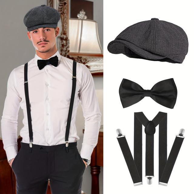 TEMU 1920s Men's Costume Accessory Set - Tweed Hat, Bow Tie, Suspenders, Halloween Hat