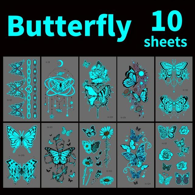 TEMU 10 Sheets -the-dark Blue Temporary Tattoos - Waterproof Body Art Stickers For Parties, Nightclubs & Music Events, Luminous Designs With Intricate Patterns