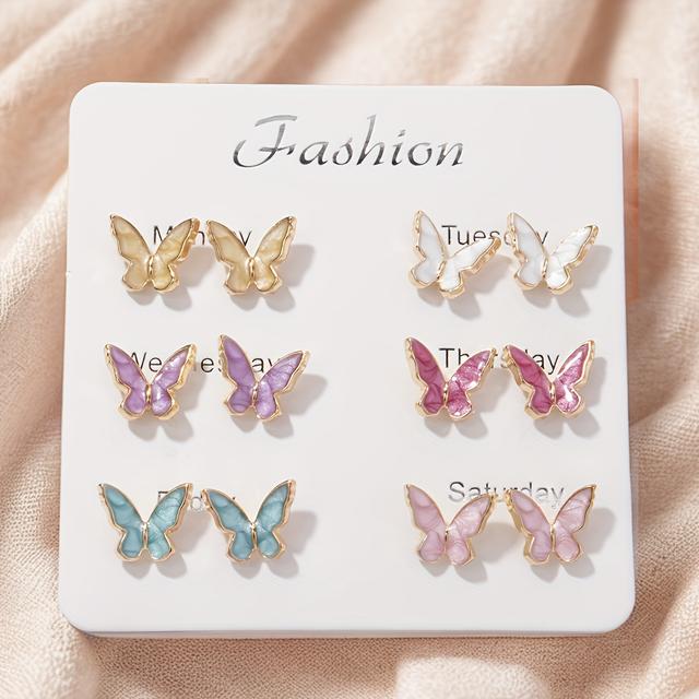 TEMU 발렌타인데이 또는 어버이날 선물용 반짝이는 금색, 빨간색, 초록색, 분홍색 나비 모양 귀걸이 6쌍 세트