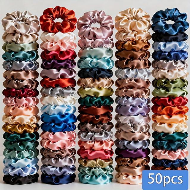 TEMU Set Of 50 Satin Scrunchies In Colors, Ties And Elastic Bands Suitable For Women And, Ideal For Thin Hair, Use And Gifting