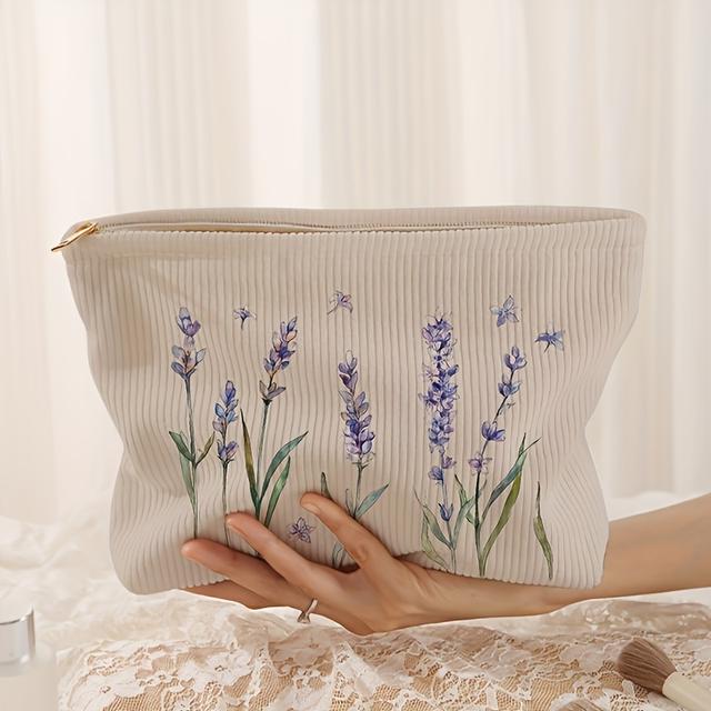 TEMU Chic Lavender Print Corduroy Makeup Bag - Lightweight, Multi-functional Cosmetic Pouch With Lining For Women