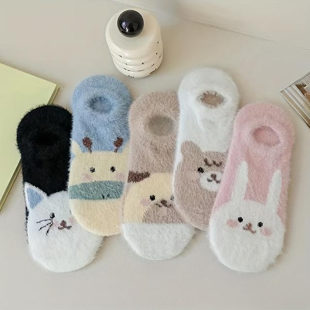 TEMU 5 Pairs Women's Winter Plush Thick Cute Animal Slippers-socks,, Bear, Fox, Sheep Pajilla-, Cozy Floor For Bed & (hand Wash/) - Anime-