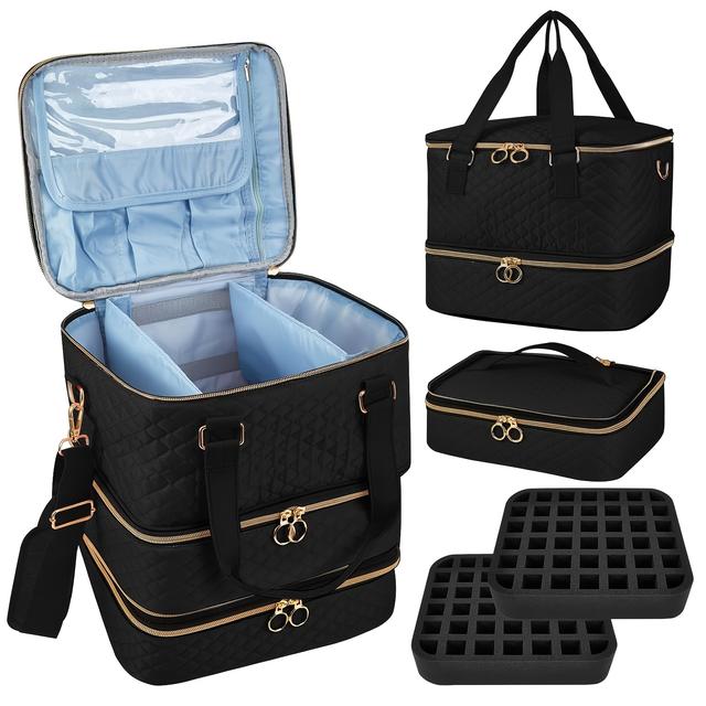 TEMU Black Quilted Nail Polish Storage Bag Holds 84 Bottles Of Nail Polish And Nail Lamp, Rhombus Grid Fabric Gel Nail Polish Organizer Box & Manicure Kit Supplies Storage Case