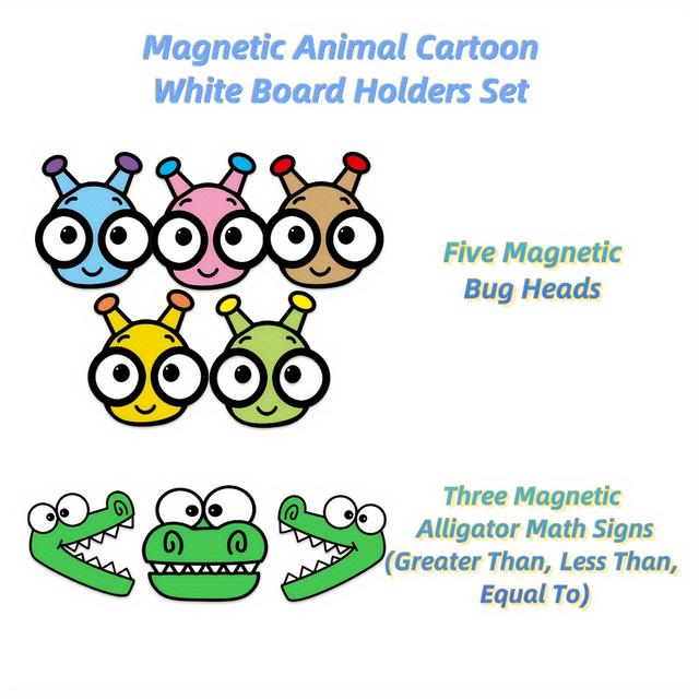 TEMU 8pcs Magnetic Animal Cartoon Whiteboard Holders Set - Bug & Alligator Heads For , Less Than, To Math Signs - Durable Eva Material, Colorful Learning Aids For , Alligator Clips