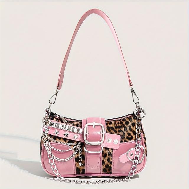 TEMU Vintage Roze Luipaardprint Schoudertas, Y2K Stijl Magnetische Sluiting, Afneembare Kettingriem, Voering, Handtas of Crossbody, Modieus Alledaags Accessoire, Merk