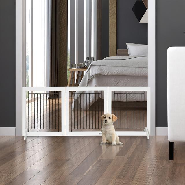 TEMU Pawhut Freestanding Pet Gate, Folding Dog Gate With 2 , 24" High, 3 Panels, For Small Dogs, Puppies, Indoor Use - White