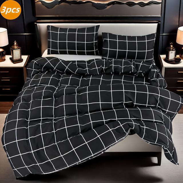 TEMU 3pcs 100% Polyester Printed Plaid Soft Duvet Cover Set - 1 Duvet Cover + 2 Pillowcases, Suitable For Bedroom/, No Filling