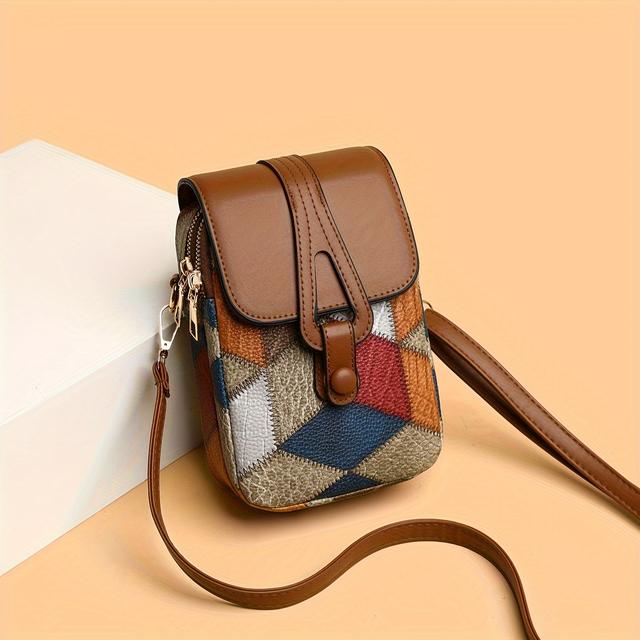 TEMU Eine einteilige Umhängetasche mit kontrastierendem Rautenmuster, mehreren Fächern Klappverschluss. Ideal für den täglichen Gebrauch als Handytasche oder Geldbörse für Damen