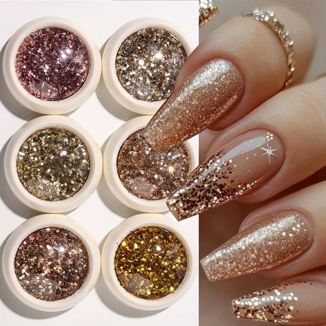 TEMU 6pcs/set Mixed Golden Rose Golden Chunky Holographic Sequins Nail Glitter Hexagon Powder Dust Y2k Charm Gorgeous Nail Art Decoration Manicure