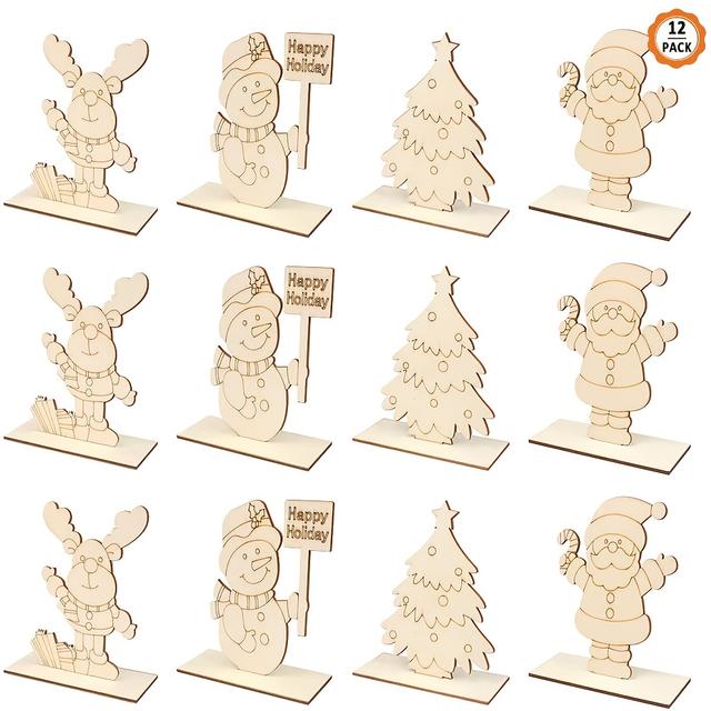 TEMU 12pcs Set Of Unfinished Wooden Christmas Tree Ornaments With Santa Claus And Gnomes For Diy Coloring - Craft Kit