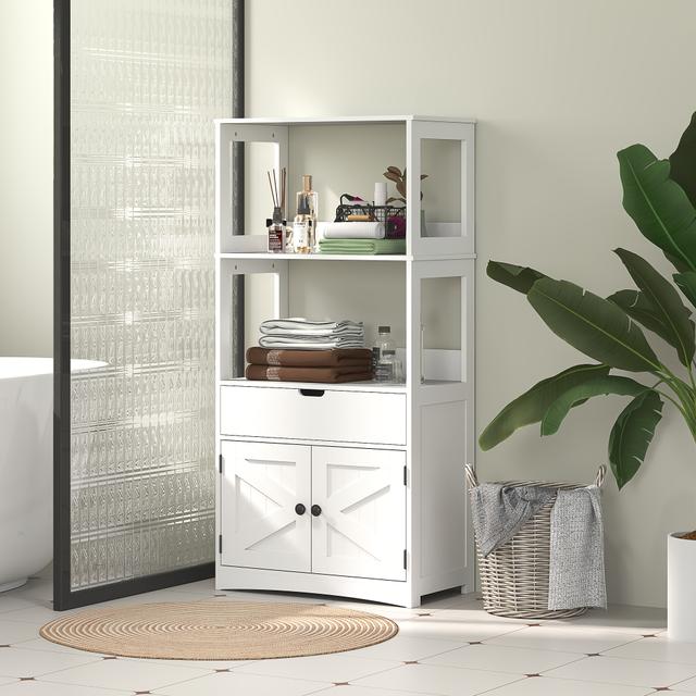 TEMU Kleankin Bathroom Cabinet, Modern Bathroom Storage Cabinet, Linen Cabinet With Barn Doors, Drawer And 2 Open Shelves, White