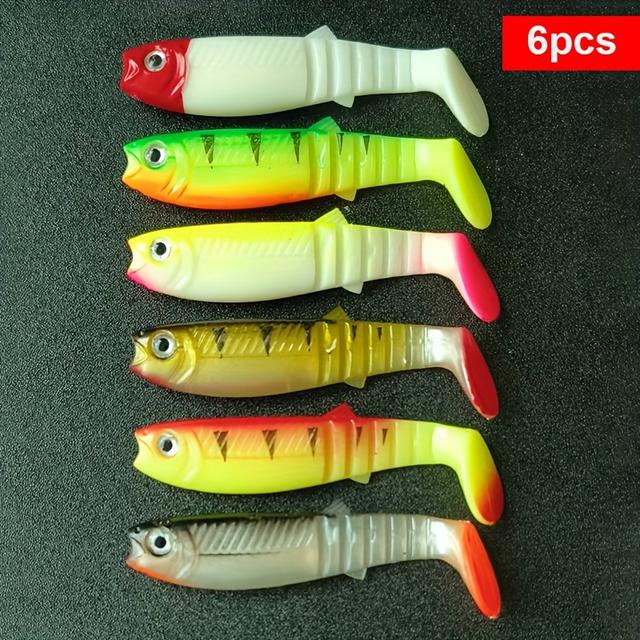 TEMU Pudełko 6 sztuk miękkich przynęt typu T-Tail o długości 8 cm / 5,5 g, idealne przynęty wędkarskie na śledzie, okonie i pstrągi, a także miękkie przynęty do połowu z wiatraczkami.