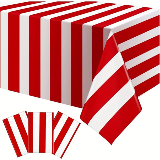 TEMU 3pcs Carnival Tablecloth Set, Red And White Striped Plastic Tablecloths - Suitable For Circus Theme Parties, Carnivals, , Birthdays, Christmas Decorations, 137x180cm