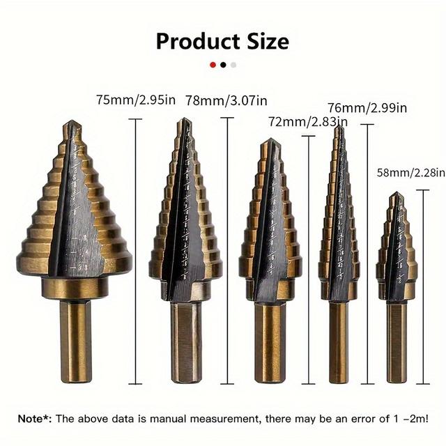 TEMU 5pcs Precision Cobalt High Hss Co Drill Bit. 5pcs Steel Step Drill Bit Set - Conical Cone Drill For Wood, Plastic, Metal, Electric Drill Compatible, No
