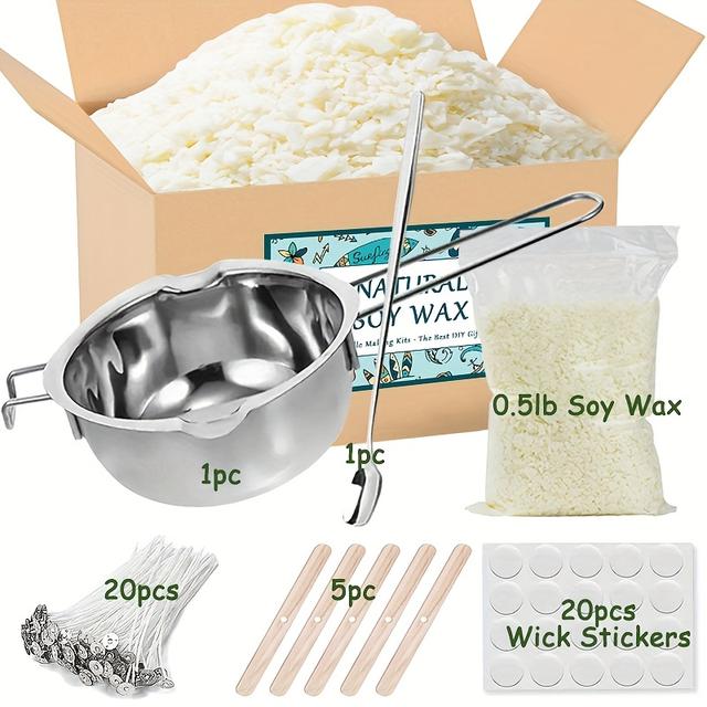 TEMU Sojawachs - Kerzenherstellungswerkzeuge - Soyawachs, 10cm Vorgewachste Kerzendochte & 5 Zentriergeräte - 1 Stück Wachsschmelztiegel mit Griff für die Kerzenherstellung - Rührlöffel