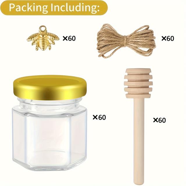 TEMU /50/60pcs Honey Jars Set, 45ml/1.52oz Transparent Glass Honey Bottles, Hexagonal Glass Jars With Lids, Kitchen Storage Containers For Honey, Jam, And , Sealed Glass Gift Packaging