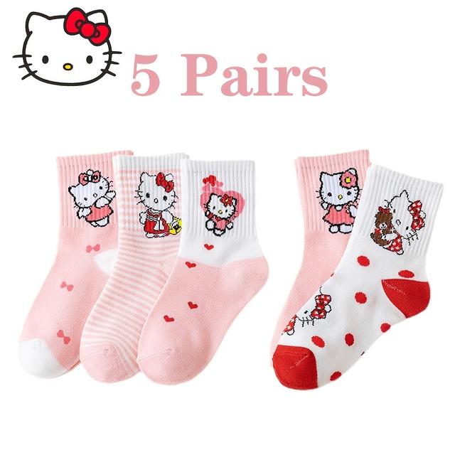 TEMU A11-5 Pairs Of Girls' Spring/autumn/winter New Style Children's Socks With Bow Hello Kitty