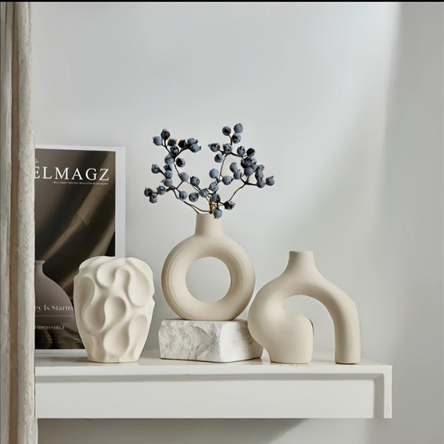 TEMU 【3個セット】スタイル セ花瓶セット | モダン北欧ミニマリスト ラウンド&ドーナツ型 幾何学模様、ファッショナブルなインテリア、リビング、玄関、コーヒーテーブルに最適 - 電池不要、装飾ギフト