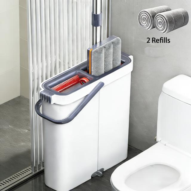 TEMU Mopp Eimer mit Wringvorrichtung, Flachmopp, 2 wiederverwendbare Mikrofasertücher, ideal für Böden, Gärten, Badezimmer