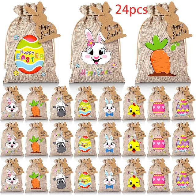 TEMU 24 Stk. & Ei Leinen Geschenktüten mit Kordelzug und Anhängern - 13x18cm, Festliche Hase, Lamm & Küken Designs, für Osterparty-Geschenke & , Hase Zubehör