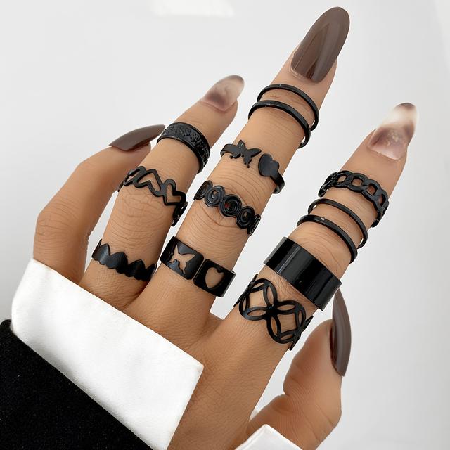 TEMU 11pcs Of Retro Fashion Gothic Heart Geometric Ring Set For Men And Women, Same Style, Stacked Hand Jewelry, For Halloween, Christmas, Valentine's Day,