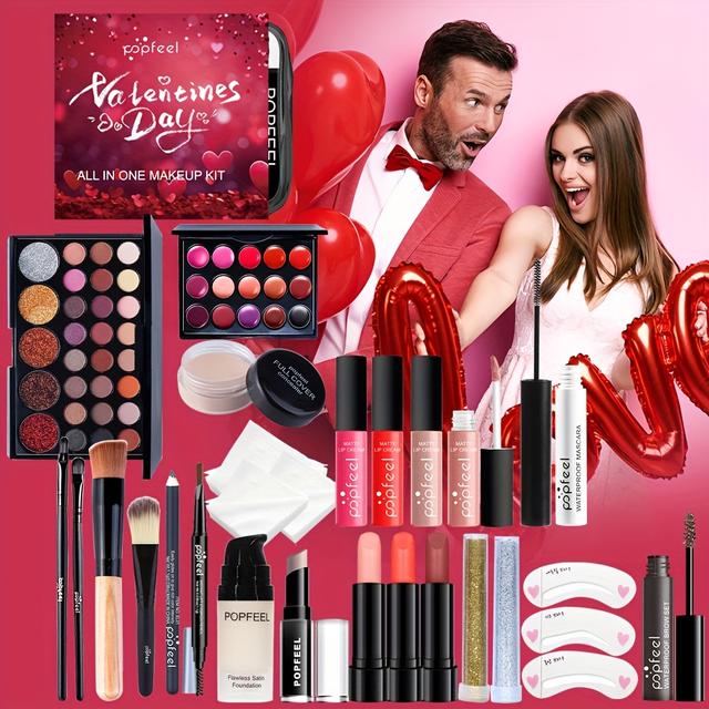TEMU علبة هدايا مجموعة مكياج POPFEEL تتضمن لوحة ظلال عيون لامعة غير لامعة، كونسيلر، كريم أساس، لوحة أحمر شفاه، والمزيد، مما يجعلها مناسبة للمبتدئين في المكياج وخيارة هدية رائعة