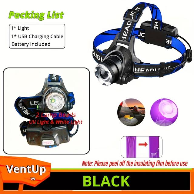 TEMU 1pc With 18650 Battery - Blacklight & White Light , Usb Rechargeable, Portable Fishing & Hunting Torch, Flashlight For Outdoor Activities, Outdoor Lighting | Headlamp | Adjustable Headlamp,