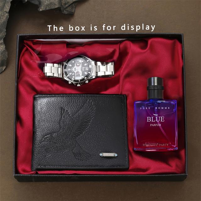 TEMU Set Of 3 Men's Quartz Watches Along With A Long-lasting Fragrance And A Stylish Wallet. An Ideal Surprise Gift For Him On Occasions Like Anniversaries, Birthdays, And Father's Day