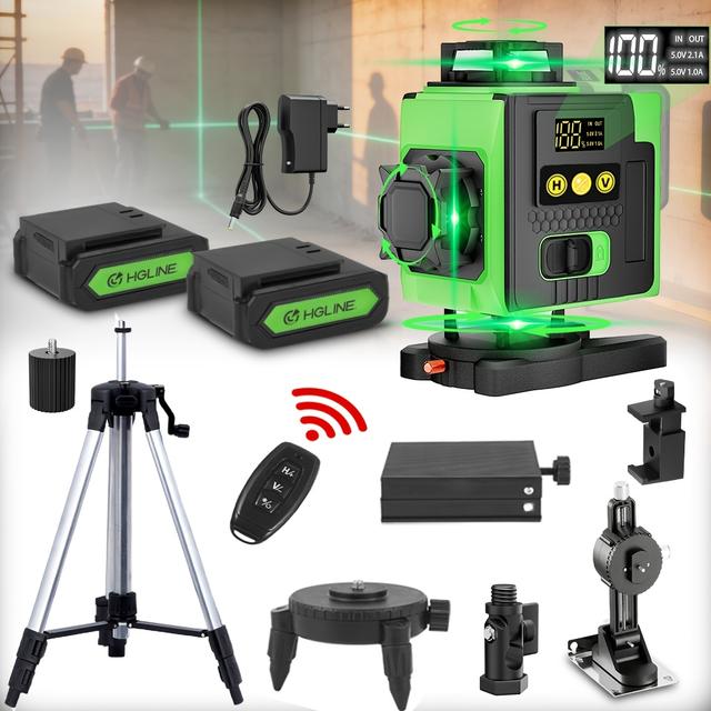 TEMU 1 Set 16 Line Laser Self Leveling, 4x360° Green Cross Line Laser Level Tool For Construction And Picture Hanging, 4d Laser Level With 2 Rechargeable Batteries