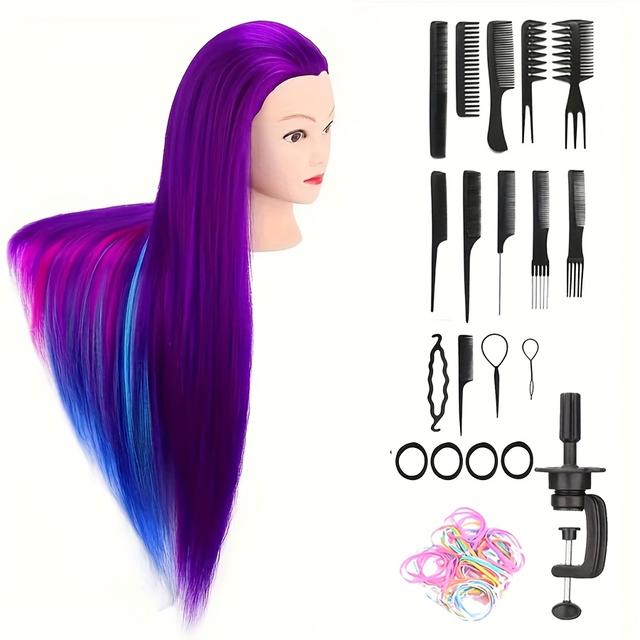 TEMU 1pc 26-inch Mannequin Head With Multicolor Synthetic Hair, Braiding & Styling Practice Kit With Combs, Diy Tools, And Table Clamp For Hairstyling Training