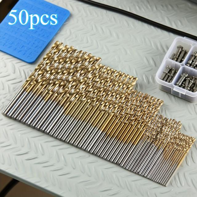 TEMU 50pcs Titanium Coated Steel Drill Bit Set With Round Shank, Spiral Flute Design, Mixed Sizes 1-3mm For Use In Daily Home And Outdoor Work, Halloween Christmas Props