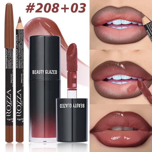 TEMU 2pcs/set Velvet Texture Lip Makeup Set-lip Liner-lip Glaze-waterproof Long-lasting Matte Effect, Red, Brown Colors, Create A Moisturizing And Natural Lip Makeup