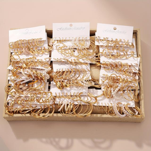 TEMU 36pcs Elegant Golden- Hoop Earring Set With Pearls & Geometric C-shapes - Alloy , Ideal For & Gifting, Vintage/, & , Accessory ( Included)