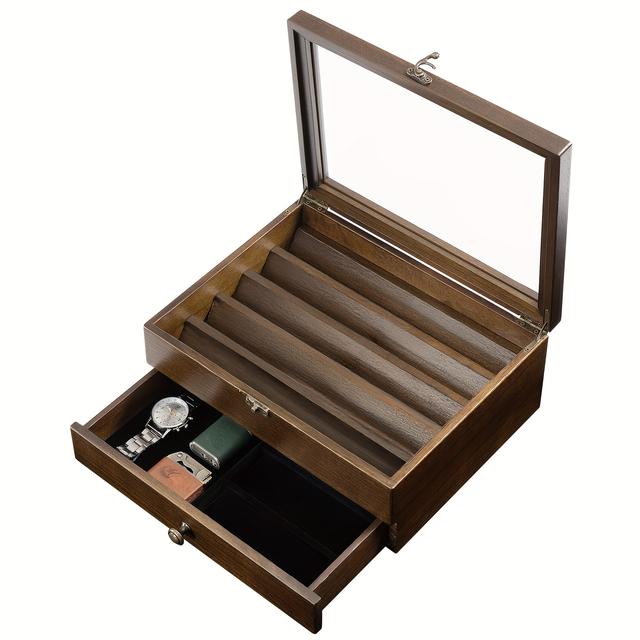 TEMU 1 stuks 2-laags/3-laags Houten Vitrine met Glazen Deksel - Opbergdoos met Meerdere Compartimenten voor EDC Gereedschap & Verzamelobjecten, Premium Verzamelbox voor Thuis Kantoor Display